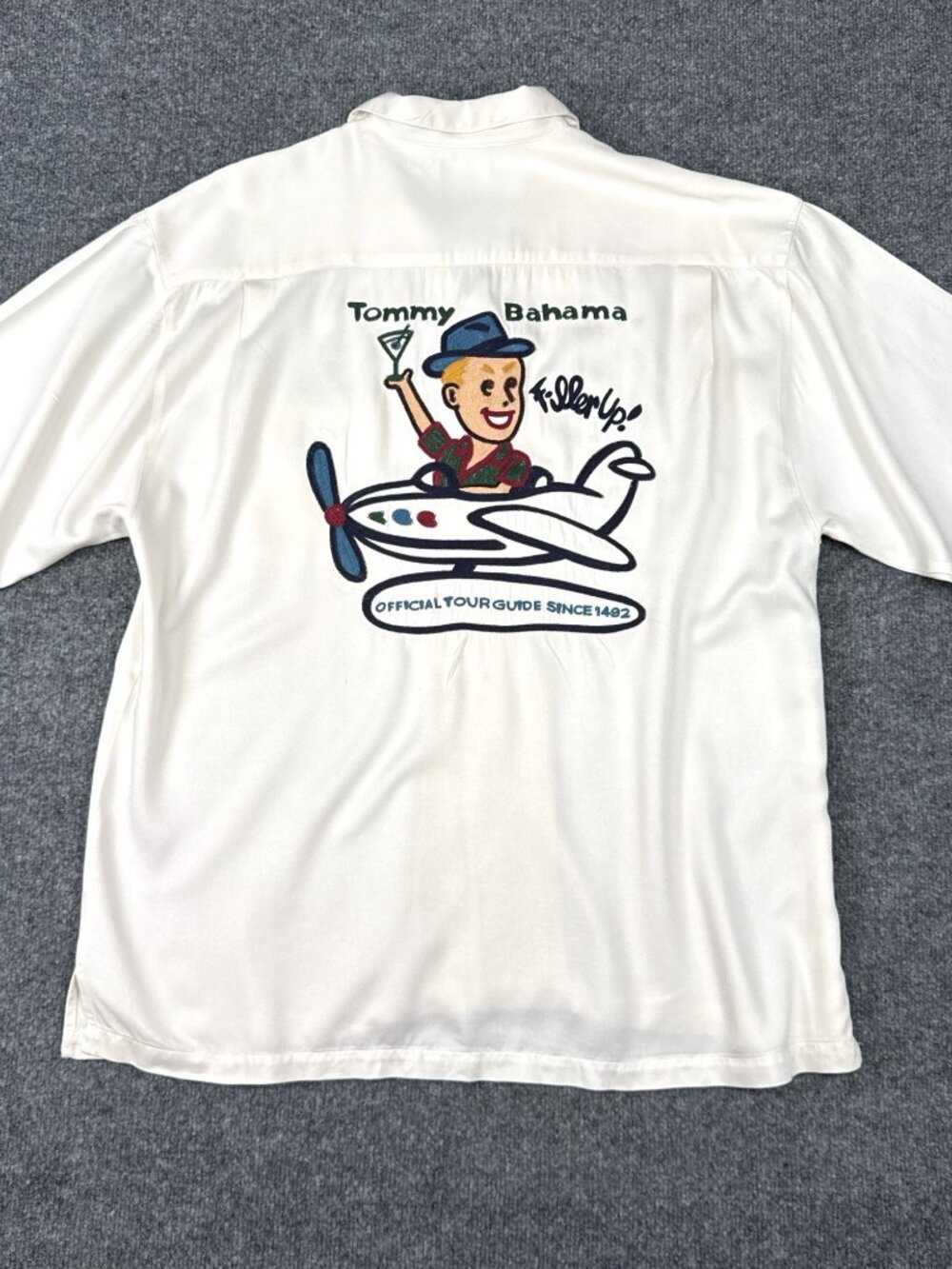 Tommy Bahama Filler Up Camp Shirt XL White Rayon Embroidered Hong Kong